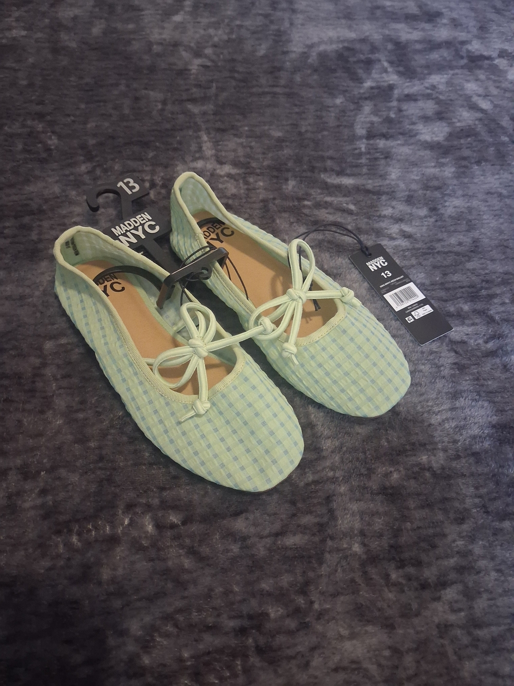 NWT Madden NYC Green Gingham Mesh Bow Ballet Flats Slip-On Girls 13